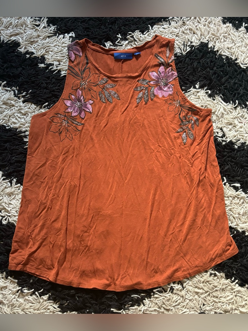 Apt. 9 Boho Multicolor Floral Bedazzled Burnt Orange Tank Top